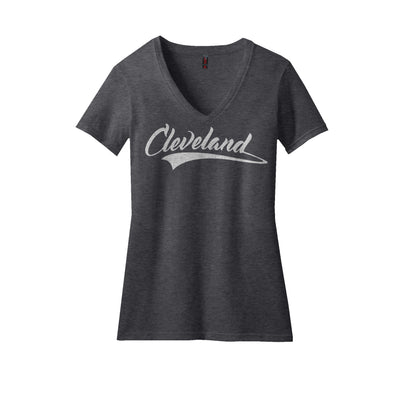 Ladies Cleveland Script V-neck Heather Charcoal - Platypus Board Co.